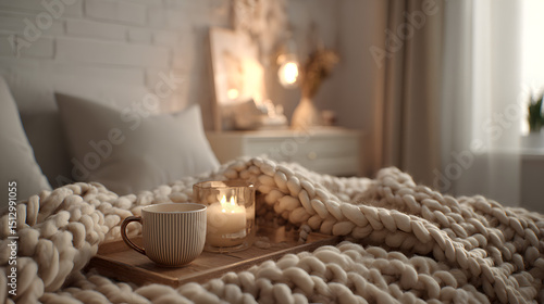 Cozy Hygge Bedroom Warm Knit Blanket, Candlelight, and Tea