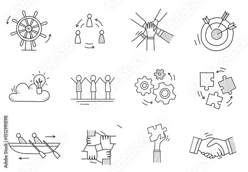 Teamwork icons with people, puzzle, handshake. vector. editable