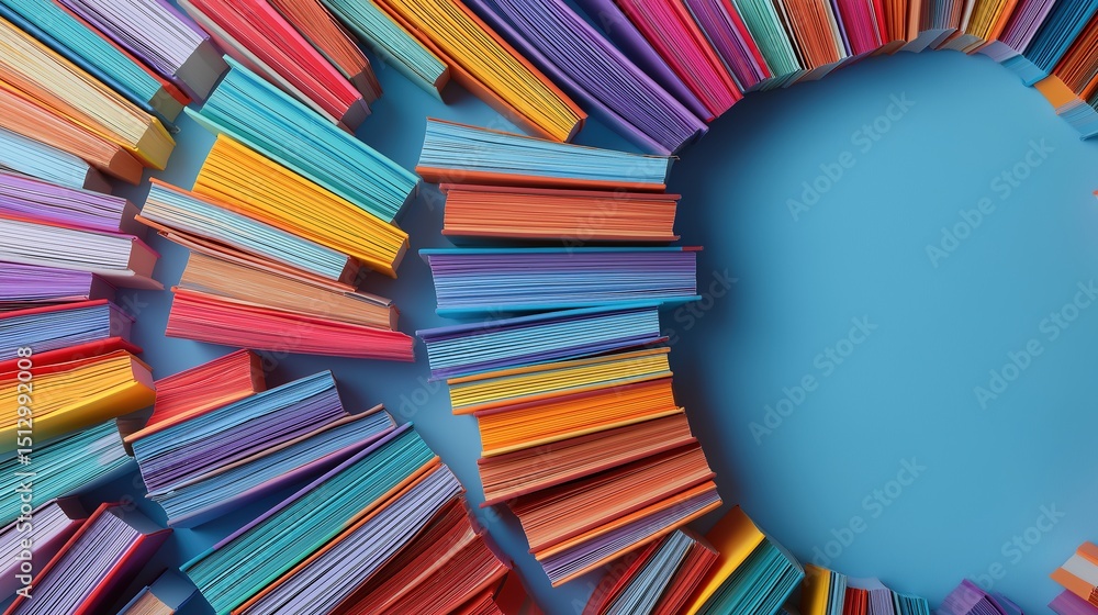 Colorful books in a swirling pattern on blue, symbolizing creativity and vibrant imagination. Colorful books in a swirling pattern on blue, symbolizing creativity and vibrant imagination.