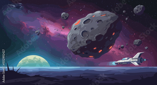 A large asteroid with glowing cracks floats in the vastness of space. The image represents the danger of cosmic objects and the mysteries of the universe, with a vibrant cosmic background and nearby p