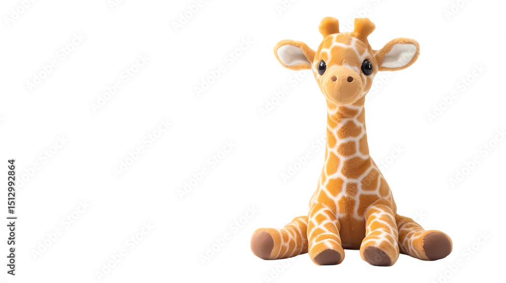 Obraz premium A stuffed giraffe toy with brown spots sitting upright in a studio shot isolated on transparent background