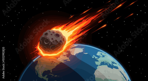 A fiery asteroid heading towards Earth, creating a dramatic and dangerous scenario. The visual represents an impending disaster from space.