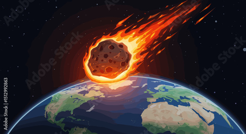 A fiery asteroid heading towards Earth, creating a dramatic and dangerous scenario. The visual represents an impending disaster from space.