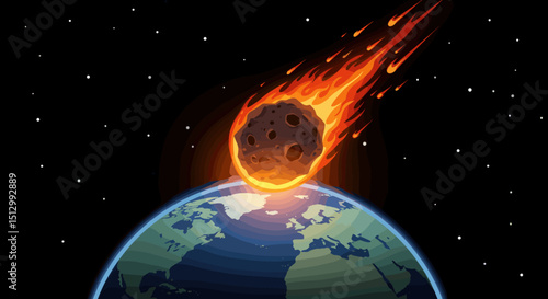 A fiery asteroid heading towards Earth, creating a dramatic and dangerous scenario. The visual represents an impending disaster from space.
