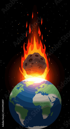 A fiery asteroid heading towards Earth, creating a dramatic and dangerous scenario. The visual represents an impending disaster from space.