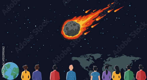 A fiery asteroid heading towards Earth, creating a dramatic and dangerous scenario. The visual represents an impending disaster from space.