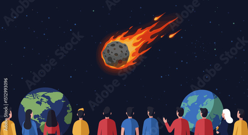 A fiery asteroid heading towards Earth, creating a dramatic and dangerous scenario. The visual represents an impending disaster from space.