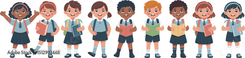 Diverse Group of School Children in Uniforms Holding Books and Backpacks for Education, Learning, Diversity, and School Stock Image
