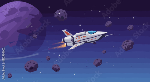 A spacecraft is seen traveling through deep space, passing by asteroids and other cosmic objects. The image suggests a sense of adventure and the possibilities of interstellar travel.