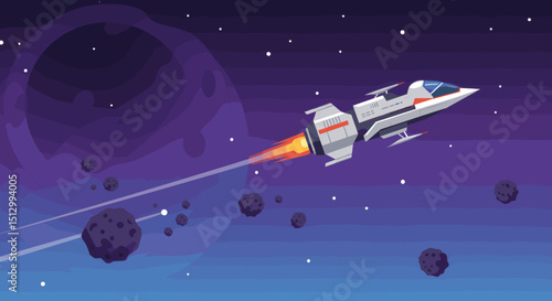 A spacecraft is seen traveling through deep space, passing by asteroids and other cosmic objects. The image suggests a sense of adventure and the possibilities of interstellar travel.