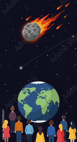 A fiery asteroid heading towards Earth, creating a dramatic and dangerous scenario. The visual represents an impending disaster from space.