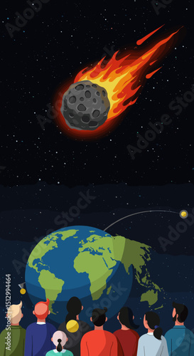 A fiery asteroid heading towards Earth, creating a dramatic and dangerous scenario. The visual represents an impending disaster from space.