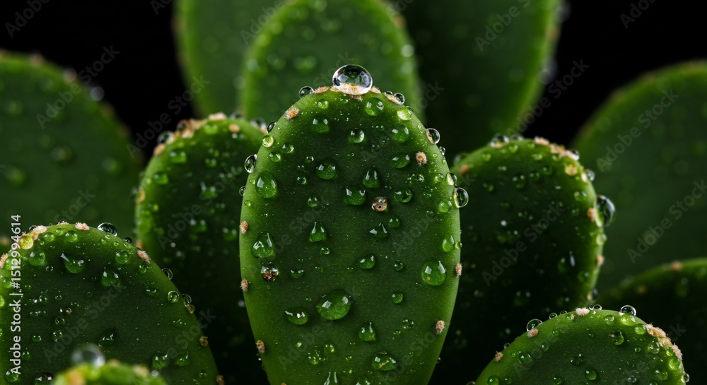 Close-up of vibrant green cactus pads adorned with glistening water droplets Close-up of vibrant green cactus pads adorned with glistening water droplets
