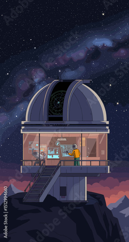 A high-tech telescope in space pointed toward the stars. The image suggests a theme of astronomical discovery, observation, and space exploration.