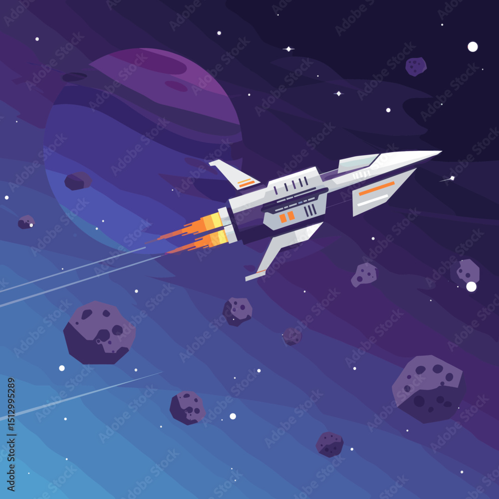 Naklejka premium A spacecraft is seen traveling through deep space, passing by asteroids and other cosmic objects. The image suggests a sense of adventure and the possibilities of interstellar travel.