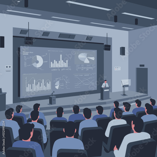 A business or academic presentation is being held in a conference room. The speaker is presenting data and graphs on a large screen to an audience, highlighting the importance of data-driven decisions