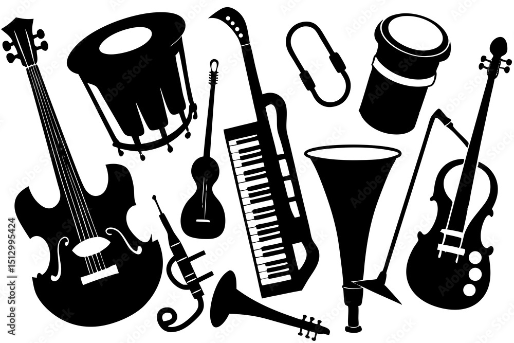Fototapeta premium Black and White Abstract Musical Instruments Illustration – Guitar, Drums, Saxophone, Violin, Piano Keys