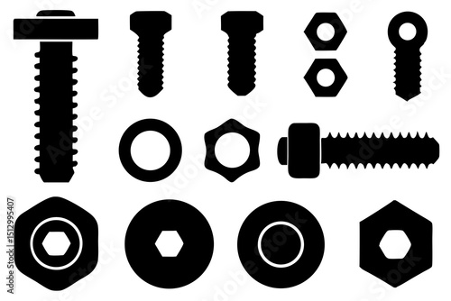 Black and White Hardware Silhouettes – Nuts, Bolts, Screws & Industrial Mechanical Parts in Minimalist Design