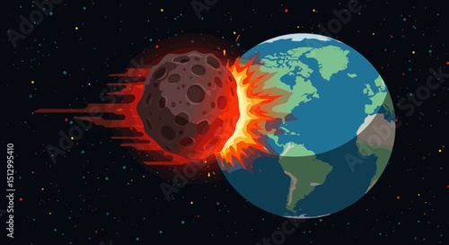 A fiery asteroid heading towards Earth, creating a dramatic and dangerous scenario. The visual represents an impending disaster from space.