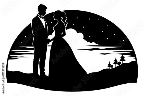 Elegant Black and White Silhouette of Wedding Couple in Starry Night Landscape