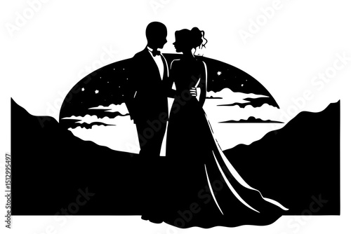Elegant Black and White Silhouette of Wedding Couple in Starry Night Landscape