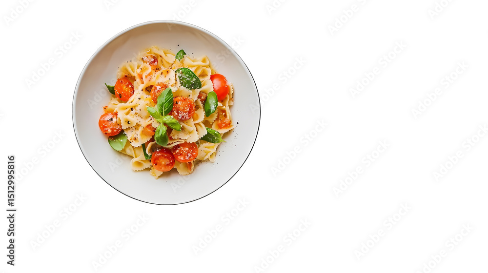 A top view of farfalle pasta with cherry tomatoes and basil in a white bowl isolated on transparent background A top view of farfalle pasta with cherry tomatoes and basil in a white bowl isolated on transparent background
