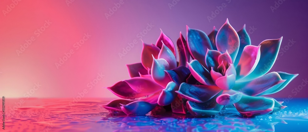 Obraz premium Trendy neon background with succulent plant.