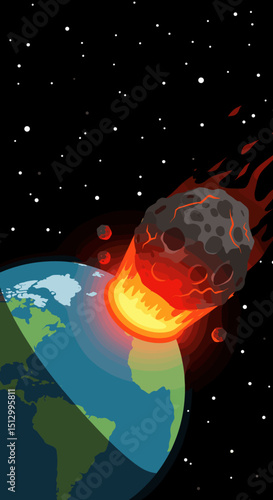 A fiery asteroid heading towards Earth, creating a dramatic and dangerous scenario. The visual represents an impending disaster from space.