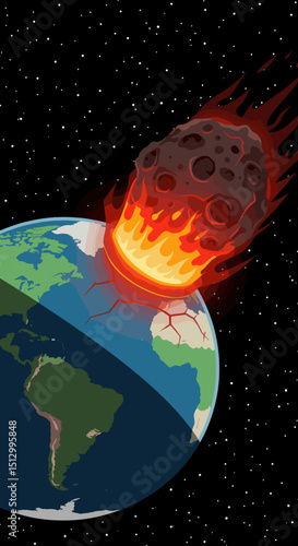 A fiery asteroid heading towards Earth, creating a dramatic and dangerous scenario. The visual represents an impending disaster from space.