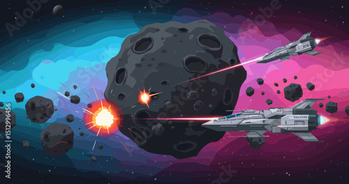 A dynamic scene of a spaceship engaging in space combat with asteroids in the background. Explosions light up the space, suggesting a thrilling and dangerous space battle.