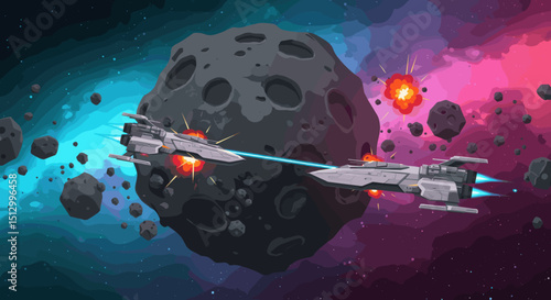 A dynamic scene of a spaceship engaging in space combat with asteroids in the background. Explosions light up the space, suggesting a thrilling and dangerous space battle.