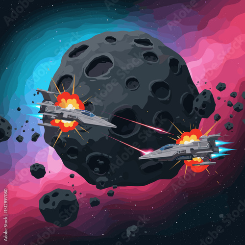 A dynamic scene of a spaceship engaging in space combat with asteroids in the background. Explosions light up the space, suggesting a thrilling and dangerous space battle.