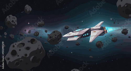 A dramatic space scene with asteroids floating in space and a spaceship zooming past. The dark space background creates a feeling of adventure and danger.