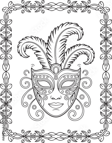 Beautiful carnival mask with border frame and feathers decoration black outline illustration festival coloring page for kids