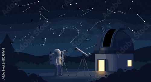 A high-tech telescope in space pointed toward the stars. The image suggests a theme of astronomical discovery, observation, and space exploration.