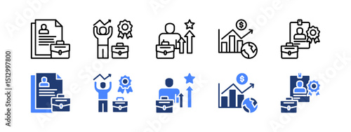 Job vacancy icon set with CV, Motivation, Job promotion, Economic growth, Best employee.
