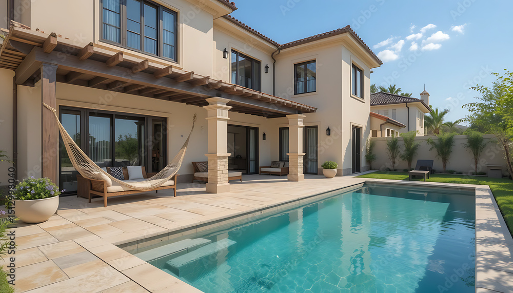Fototapeta premium A classic beige villa with tall windows, covered outdoor lounge, rustic rope hammock, and a modern pool with stone tiles and trimmed greenery.