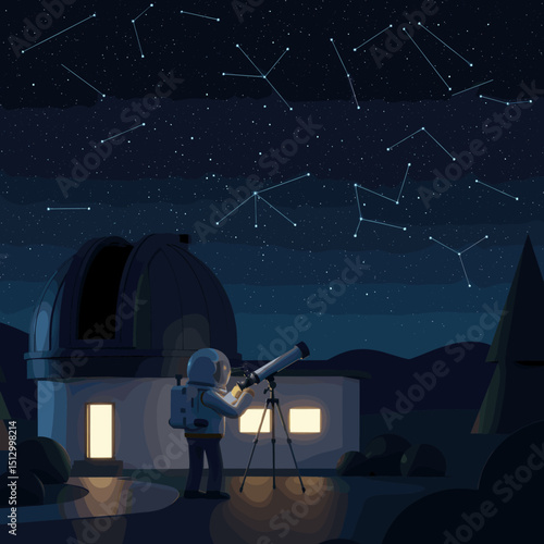 A high-tech telescope in space pointed toward the stars. The image suggests a theme of astronomical discovery, observation, and space exploration.