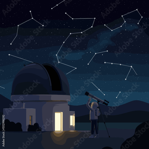 A high-tech telescope in space pointed toward the stars. The image suggests a theme of astronomical discovery, observation, and space exploration.