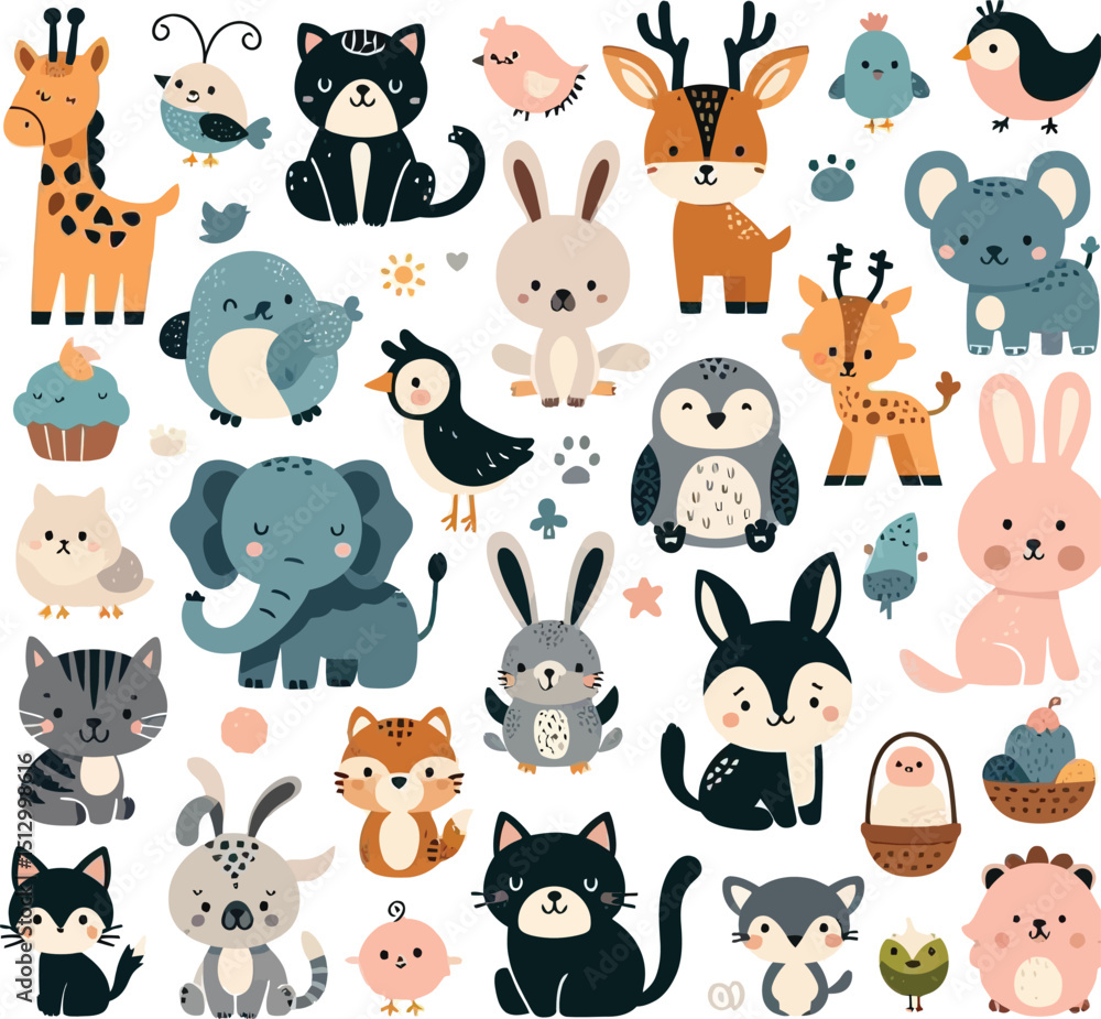 Fototapeta premium Cute Cartoon Animal Pattern with Farm and Wild Pets Collection