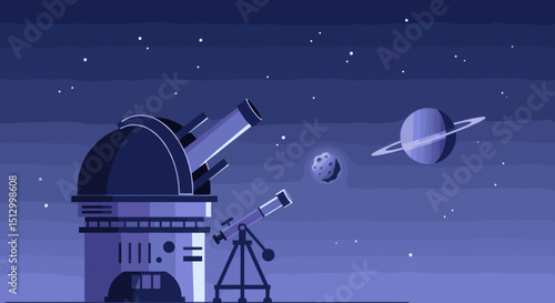 A high-tech telescope in space pointed toward the stars. The image suggests a theme of astronomical discovery, observation, and space exploration.