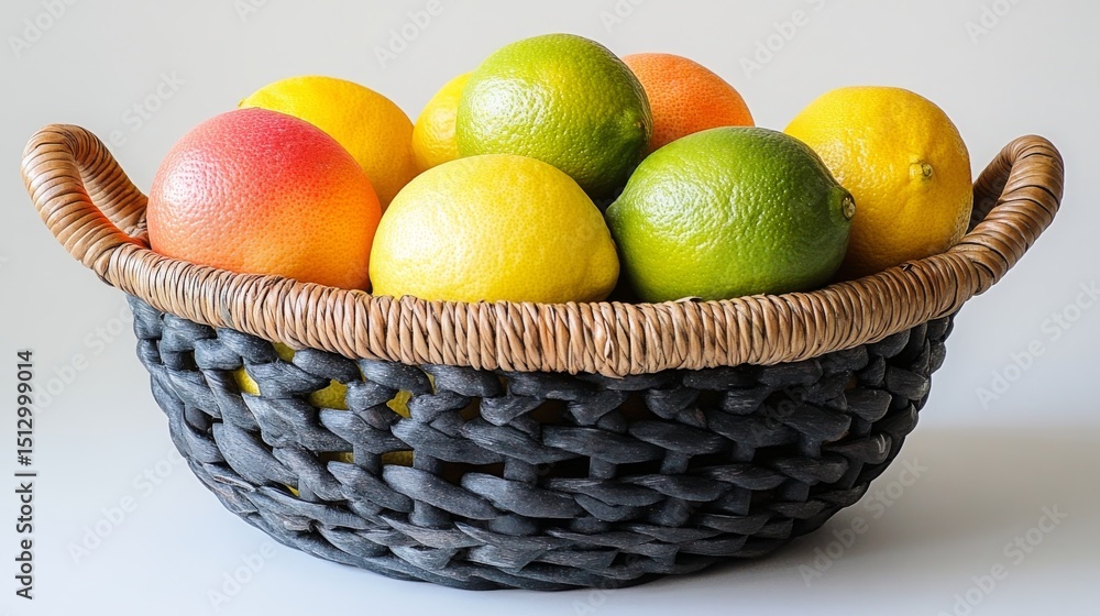 Fototapeta premium A colorful variety of citrus fruits beautifully arranged inside a rustic, dark woven basket against a bright studio backdrop