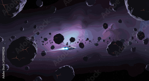 A dramatic space scene with asteroids floating in space and a spaceship zooming past. The dark space background creates a feeling of adventure and danger.