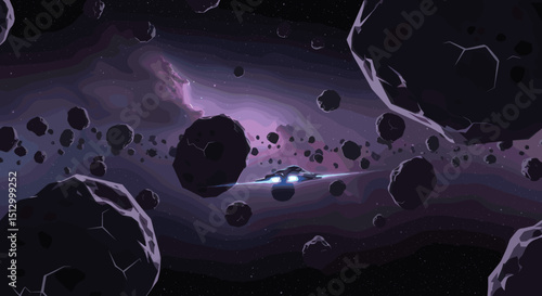 A dramatic space scene with asteroids floating in space and a spaceship zooming past. The dark space background creates a feeling of adventure and danger.