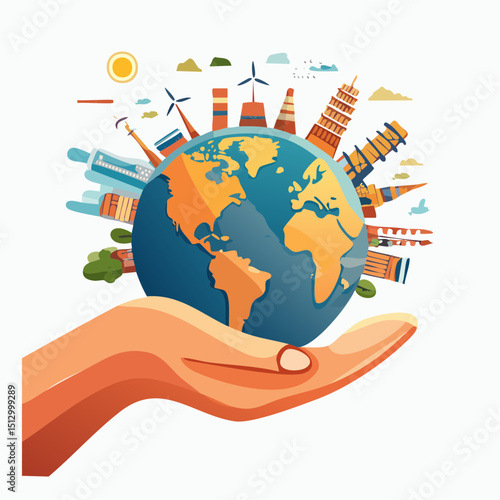 Environmental infographic with the earth and sustainability icons held in a hand.