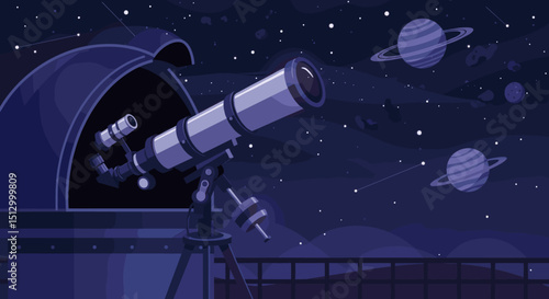 A high-tech telescope in space pointed toward the stars. The image suggests a theme of astronomical discovery, observation, and space exploration.