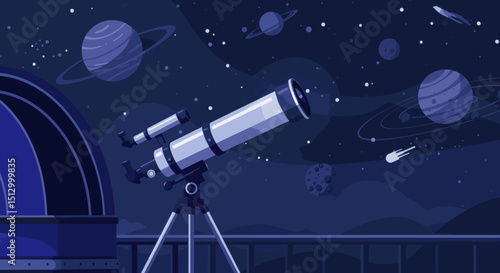 A high-tech telescope in space pointed toward the stars. The image suggests a theme of astronomical discovery, observation, and space exploration.