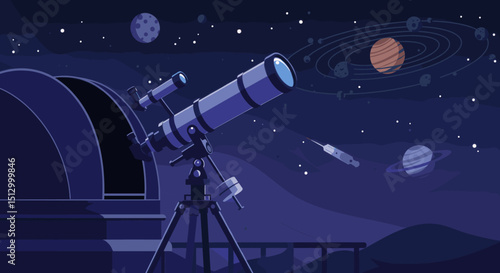 A high-tech telescope in space pointed toward the stars. The image suggests a theme of astronomical discovery, observation, and space exploration.