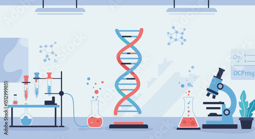 A scientific lab with a focus on DNA research, featuring a double helix model, laboratory equipment, and microscopes. The image emphasizes biotechnological exploration and scientific study.