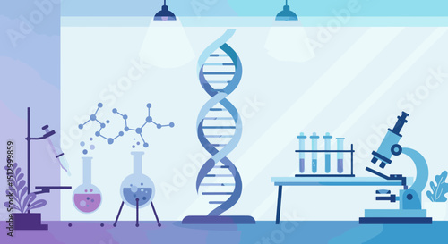 A scientific lab with a focus on DNA research, featuring a double helix model, laboratory equipment, and microscopes. The image emphasizes biotechnological exploration and scientific study.